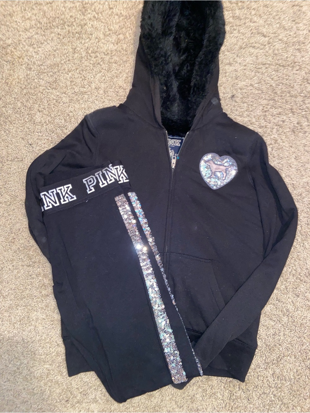 PINK Victoria's Secret Kids Black Sequin-Trim Hoodie Jacket and leggings